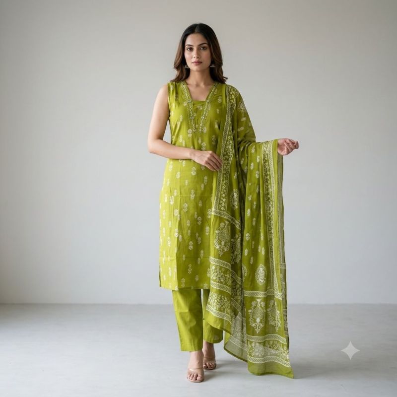 Naisha K 1244 Cambric Cotton Neck Work Kurti With Bottom Dupatta Set