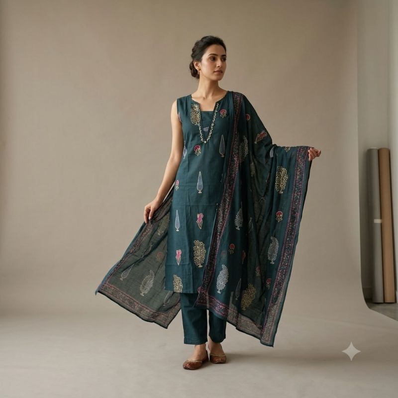 Naisha K 1244 Cambric Cotton Neck Work Kurti With Bottom Dupatta Set — Wholesale Kurtis, Naisha wholesale from Surat — view 8