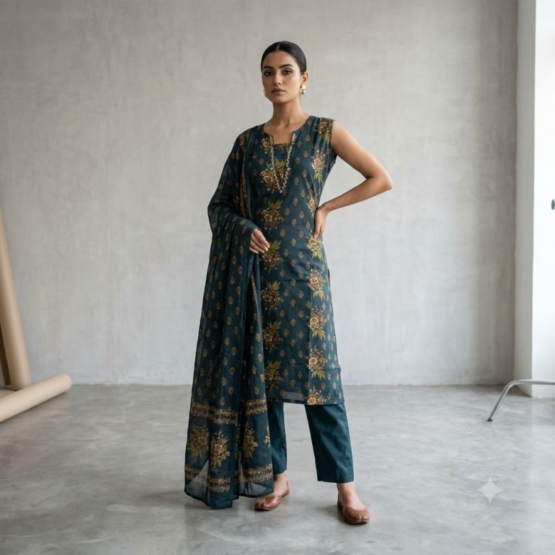 Naisha K 1244 Cambric Cotton Neck Work Kurti With Bottom Dupatta Set — Wholesale Kurtis, Naisha wholesale from Surat — view 9
