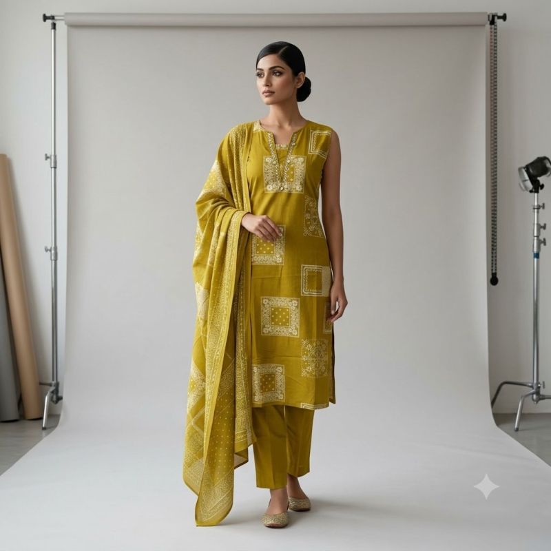 Naisha K 1244 Cambric Cotton Neck Work Kurti With Bottom Dupatta Set — Wholesale Kurtis, Naisha wholesale from Surat — view 11