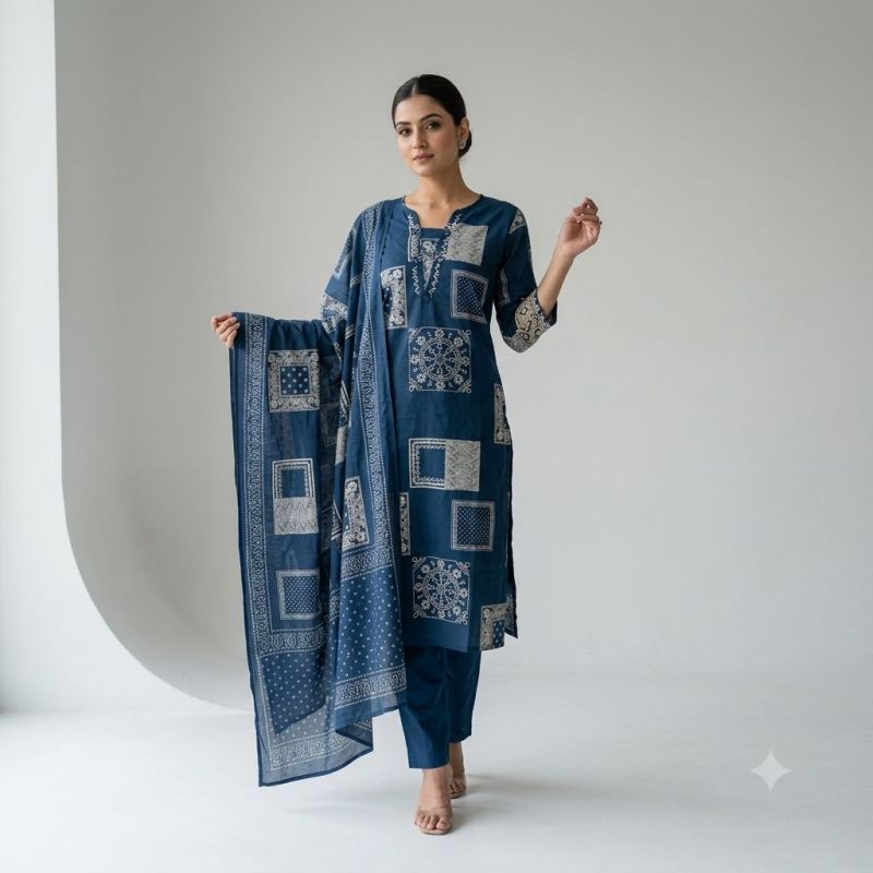 Naisha K 1244 Cambric Cotton Neck Work Kurti With Bottom Dupatta Set — Wholesale Kurtis, Naisha wholesale from Surat — view 12