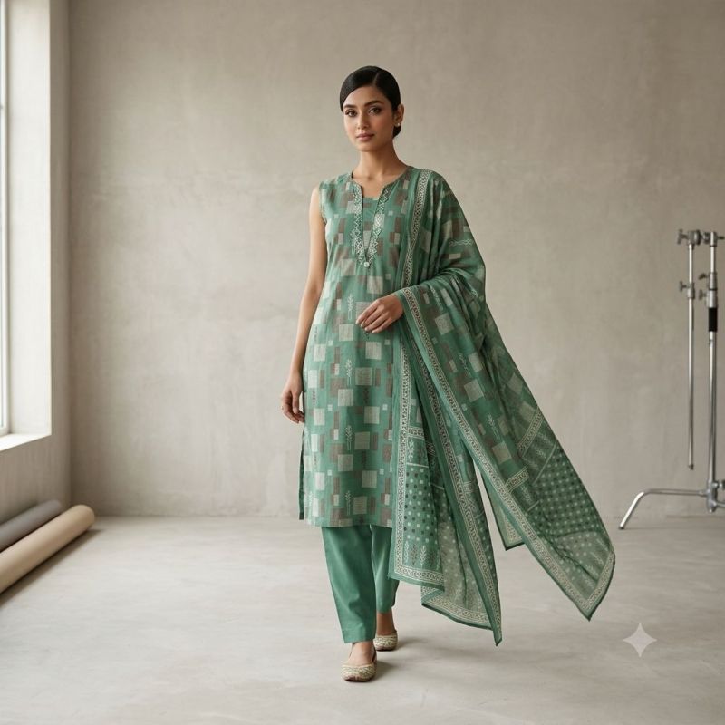 Naisha K 1244 Cambric Cotton Neck Work Kurti With Bottom Dupatta Set — Wholesale Kurtis, Naisha wholesale from Surat — view 14
