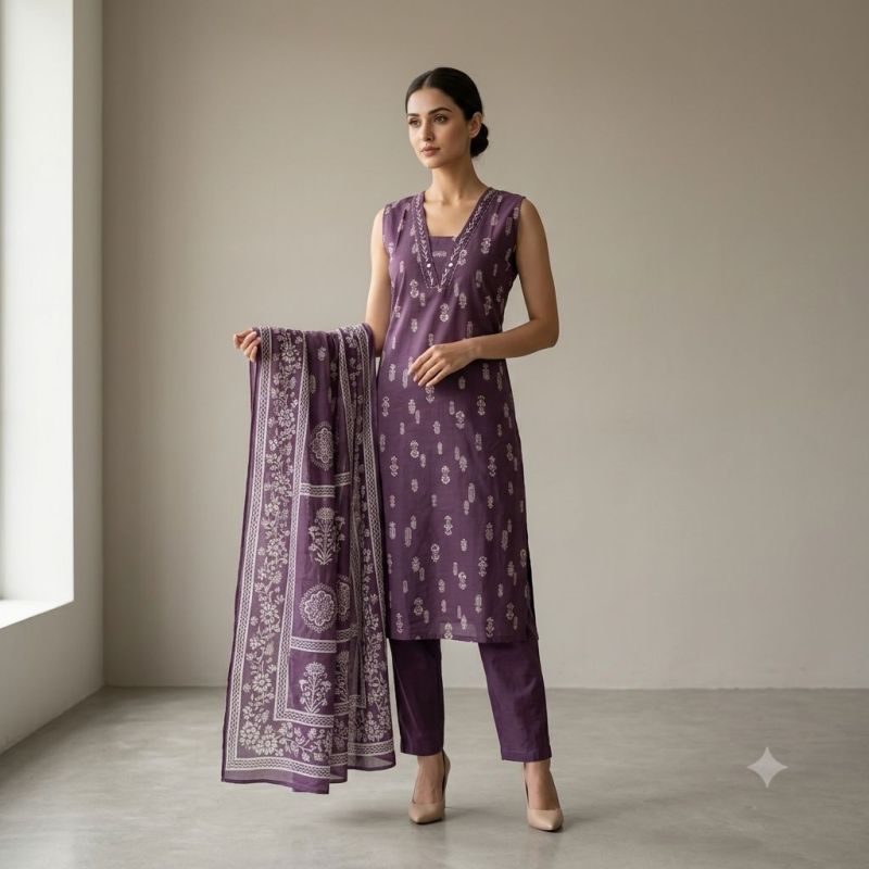 Naisha K 1244 Cambric Cotton Neck Work Kurti With Bottom Dupatta Set — Wholesale Kurtis, Naisha wholesale from Surat — view 19