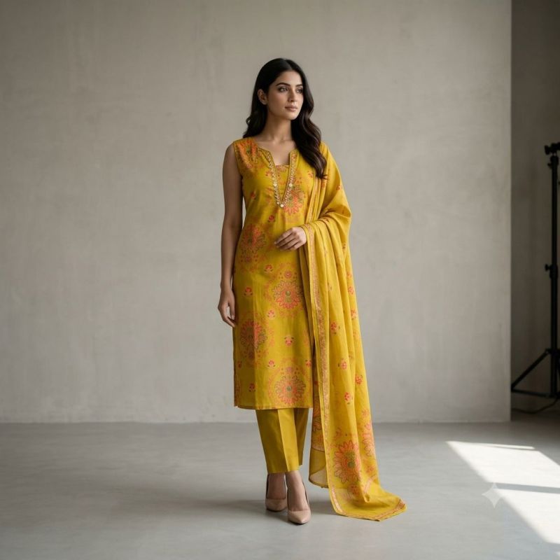 Naisha K 1244 Cambric Cotton Neck Work Kurti With Bottom Dupatta Set — Wholesale Kurtis, Naisha wholesale from Surat — view 20