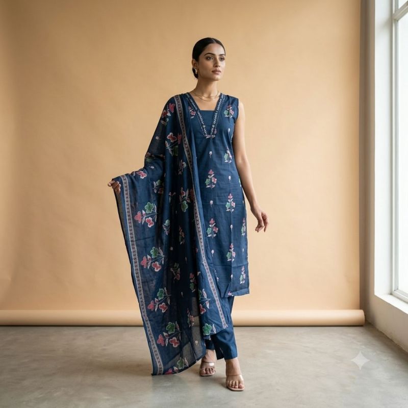 Naisha K 1244 Cambric Cotton Neck Work Kurti With Bottom Dupatta Set — Wholesale Kurtis, Naisha wholesale from Surat — view 23