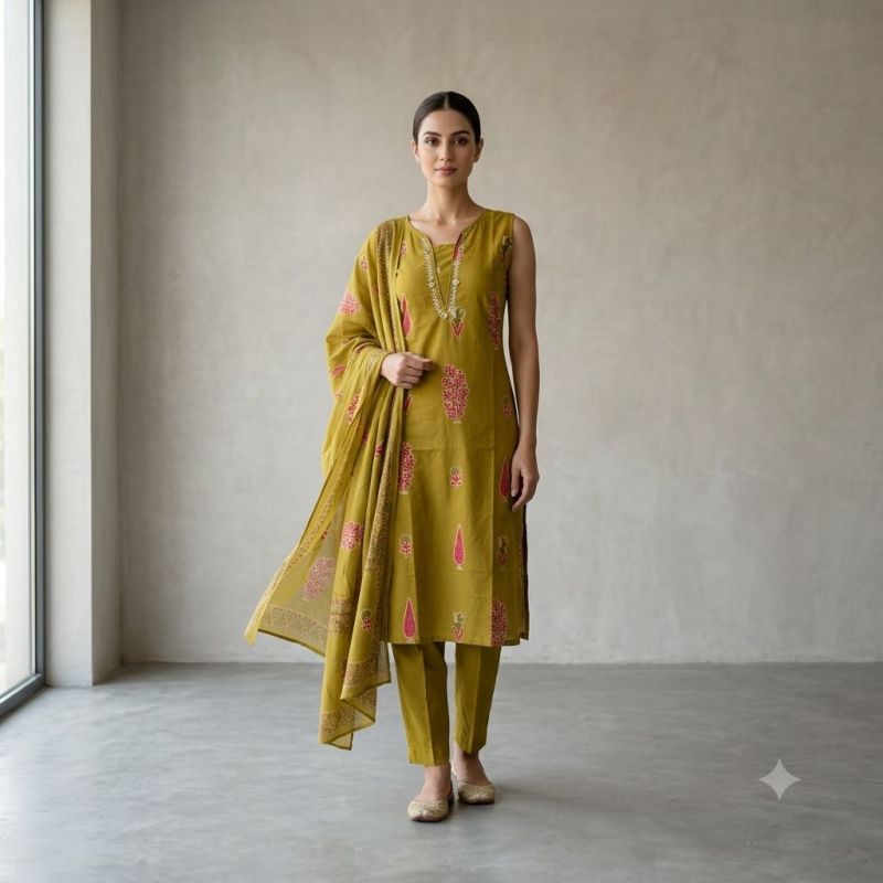 Naisha K 1244 Cambric Cotton Neck Work Kurti With Bottom Dupatta Set — Wholesale Kurtis, Naisha wholesale from Surat — view 24