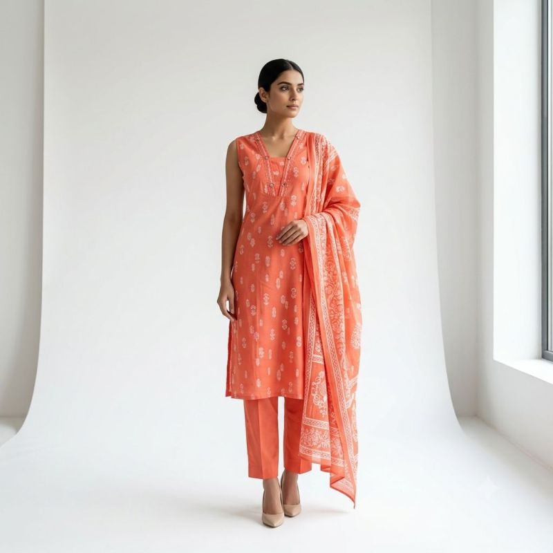 Naisha K 1244 Cambric Cotton Neck Work Kurti With Bottom Dupatta Set — Wholesale Kurtis, Naisha wholesale from Surat — view 25