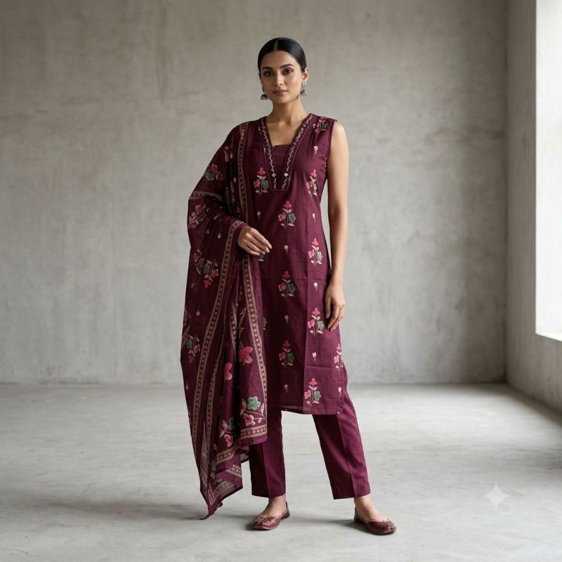 Naisha K 1244 Cambric Cotton Neck Work Kurti With Bottom Dupatta Set — Wholesale Kurtis, Naisha wholesale from Surat — view 26