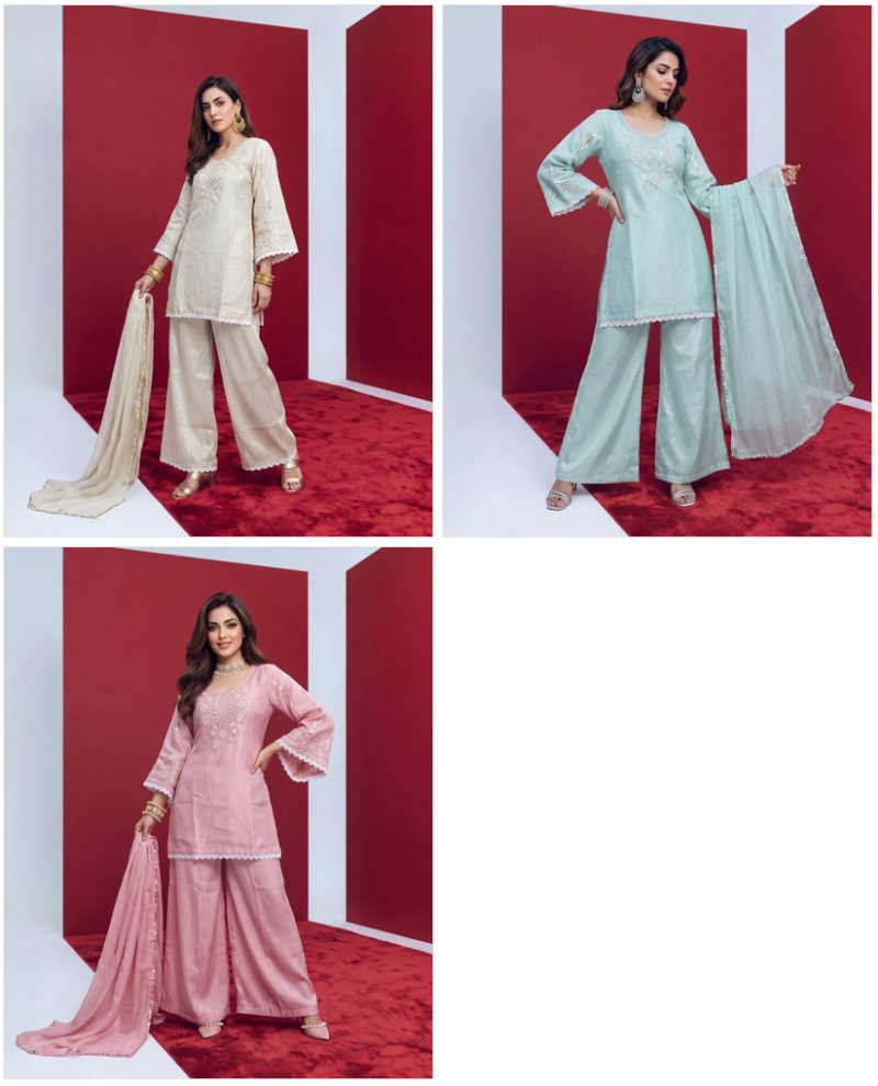 Naisha K 1245 Glass Crush Beads Work Kurti WIth Bottom Dupatta Set — Wholesale Kurtis, Vardan Ethnic wholesale from Surat — Photo 4