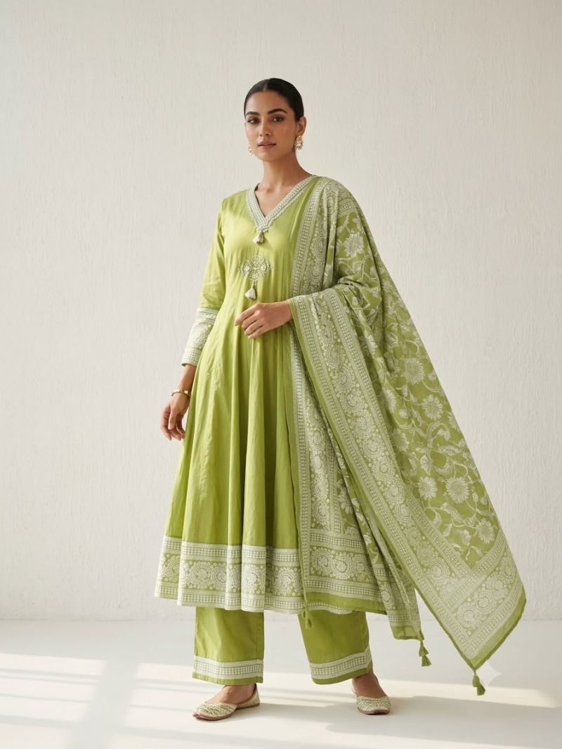 Naisha K 1263 Cotton Embroidered Anarkali Kurti WIth Bottom Dupatta Set