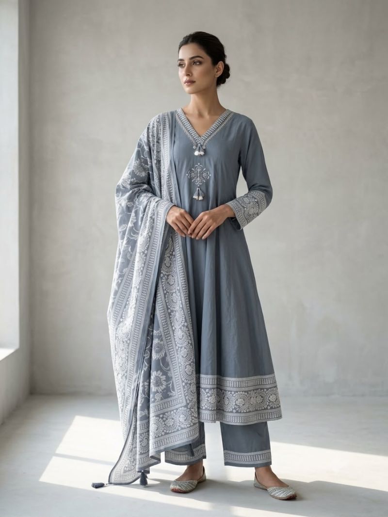 Naisha K 1263 Cotton Embroidered Anarkali Kurti WIth Bottom Dupatta Set — Wholesale Kurtis, Naisha wholesale from Surat — view 3