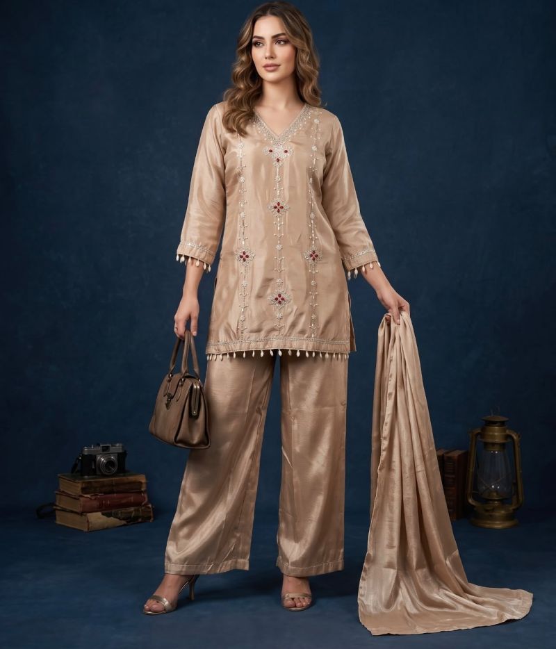 Naisha K 1273 Chinon Silk Beads Work Designer Kurti With Bottom Dupatta Set — Wholesale Readymade Suit, Vardan Ethnic wholesale from Surat — Photo 2