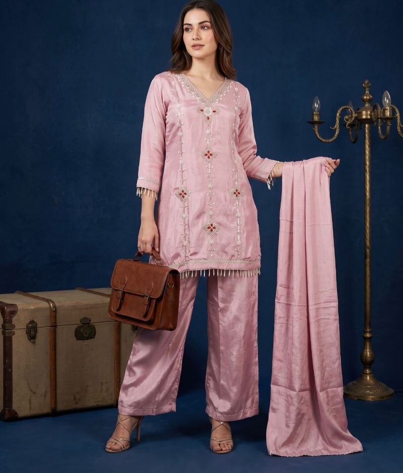 Naisha K 1273 Chinon Silk Beads Work Designer Kurti With Bottom Dupatta Set — Wholesale Readymade Suit, Vardan Ethnic wholesale from Surat — Photo 4