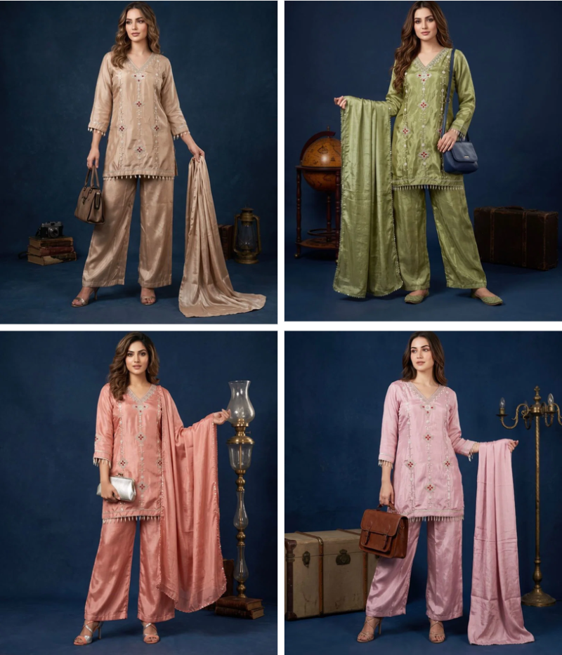 Naisha K 1273 Chinon Silk Beads Work Designer Kurti With Bottom Dupatta Set — Wholesale Readymade Suit, Vardan Ethnic wholesale from Surat — Photo 5