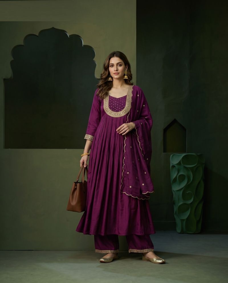 Naisha K 1324 Mul Chanderi Hand Work Anarkali Kurti WIth Bottom Dupatta Catalog