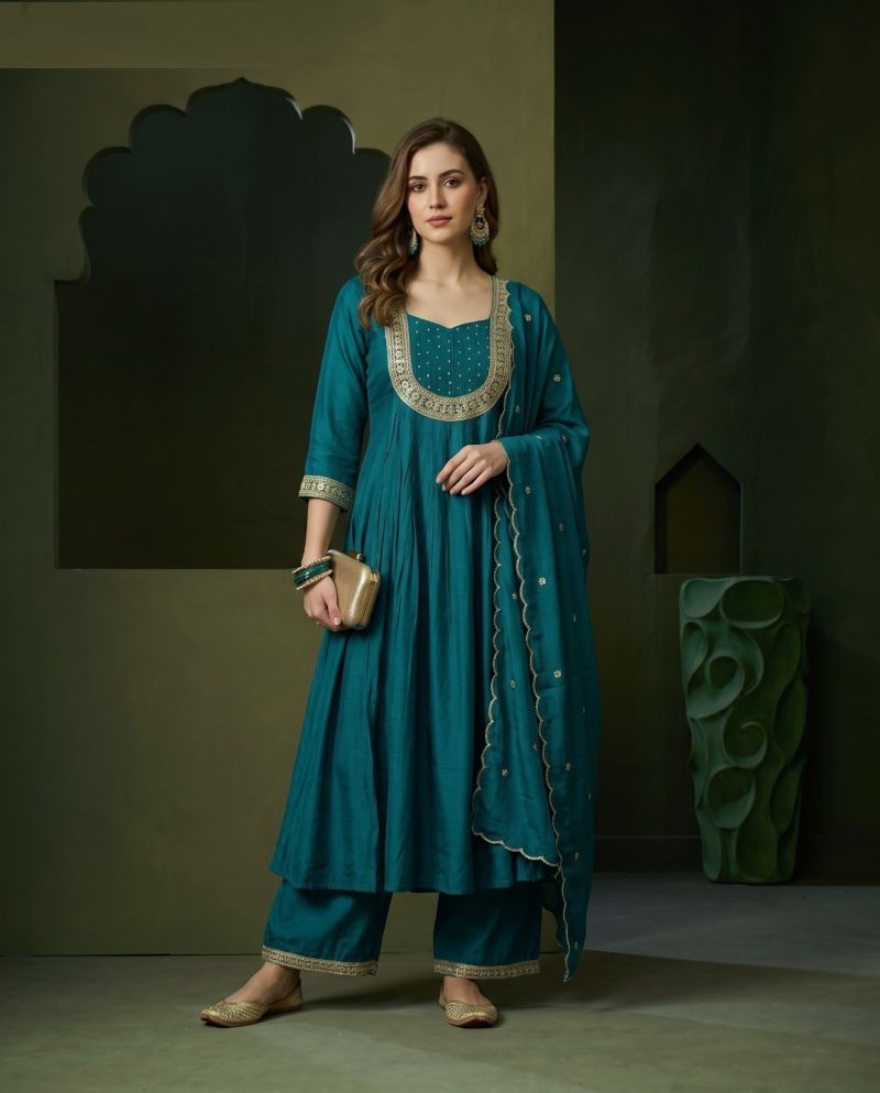 Naisha K 1324 Mul Chanderi Hand Work Anarkali Kurti WIth Bottom Dupatta Catalog — Wholesale Kurtis, Vardan Ethnic wholesale from Surat — Photo 4