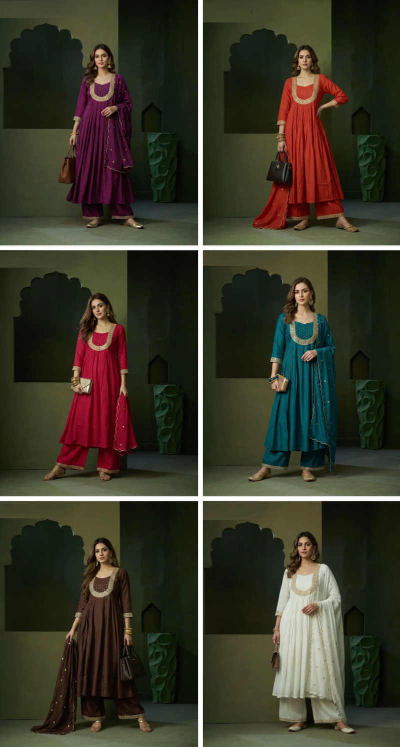 Naisha K 1324 Mul Chanderi Hand Work Anarkali Kurti WIth Bottom Dupatta Catalog — Wholesale Kurtis, Vardan Ethnic wholesale from Surat — Photo 7
