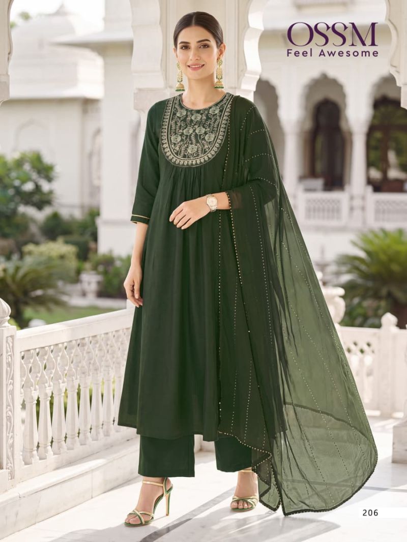 Ossm Noor Vol 2 Mul Chanderi Embroidered Kurti With Bottom Dupatta Set