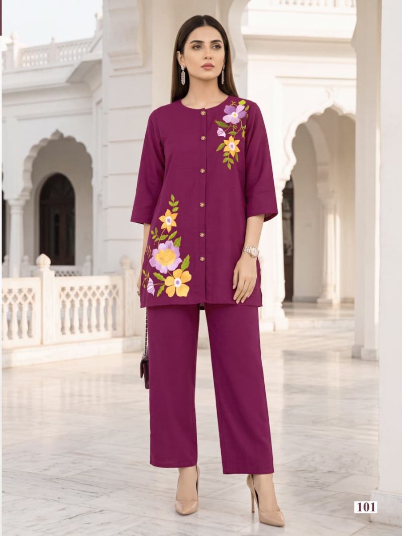 Ossm Pihu 101 To 106 Mul Chanderi Embroidered Co Ord Set Caatalog — Wholesale Kurtis, Ossm wholesale from Surat — view 3