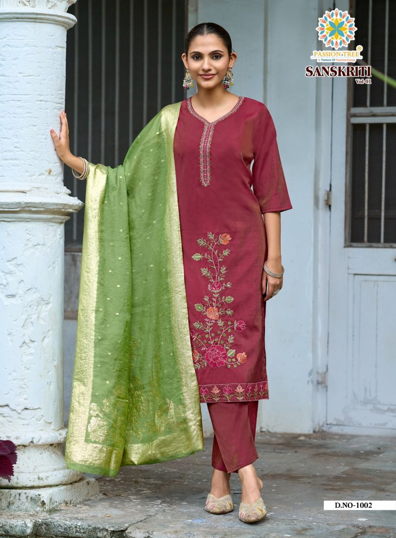 Sanskriti Vol 1 By Passion Tree Roman Shimmer Embroidered Kurti With Bottom Dupatta Set — Wholesale Readymade Suit, Passion Tree wholesale from Surat — Photo 3