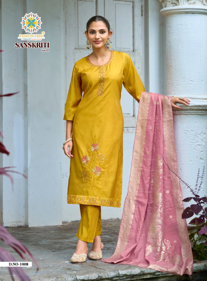Sanskriti Vol 1 By Passion Tree Roman Shimmer Embroidered Kurti With Bottom Dupatta Set — Wholesale Readymade Suit, Passion Tree wholesale from Surat — Photo 4