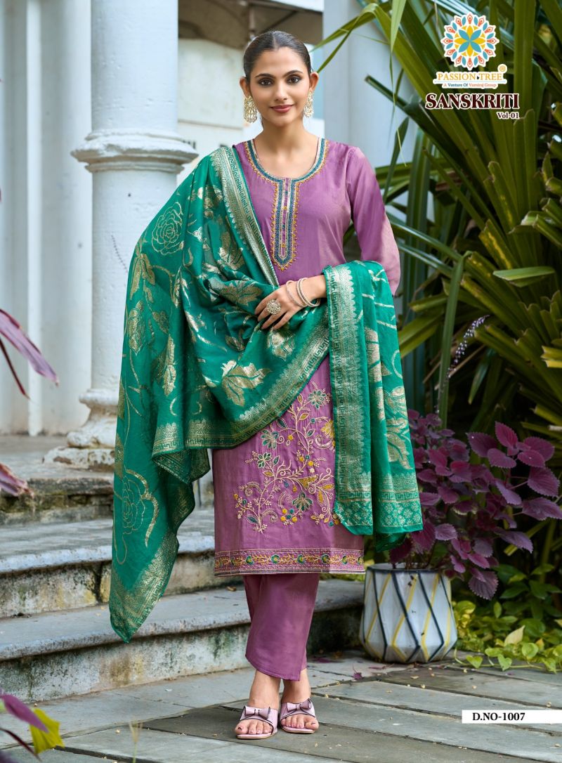 Sanskriti Vol 1 By Passion Tree Roman Shimmer Embroidered Kurti With Bottom Dupatta Set