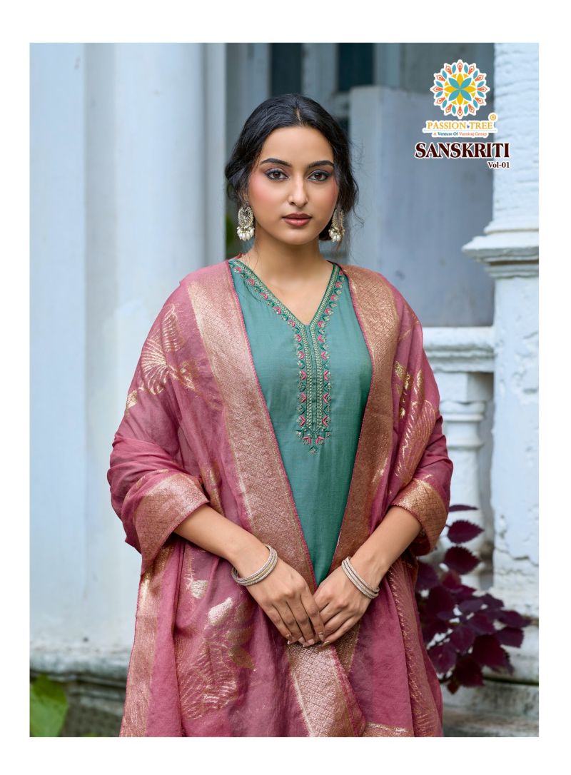 Sanskriti Vol 1 By Passion Tree Roman Shimmer Embroidered Kurti With Bottom Dupatta Set — Wholesale Readymade Suit, Passion Tree wholesale from Surat — Photo 9