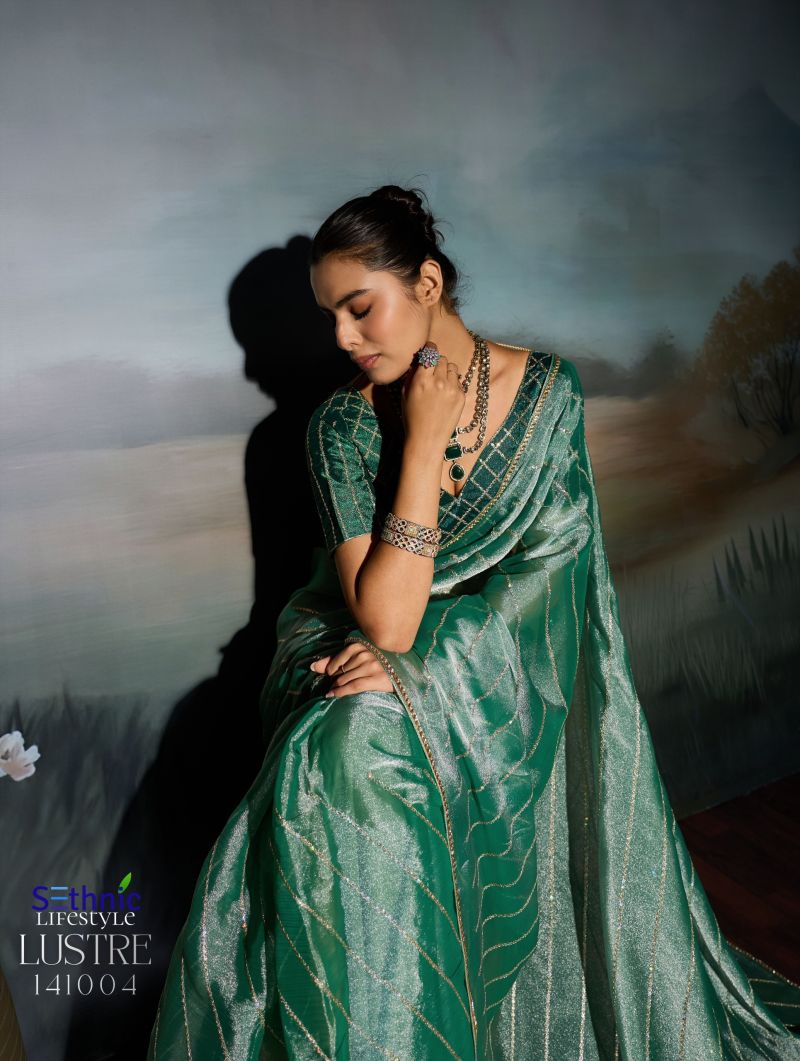 Sethnic Lustre Chic Moss Chiffon Zari Sequence Embroidered Saree Catalog