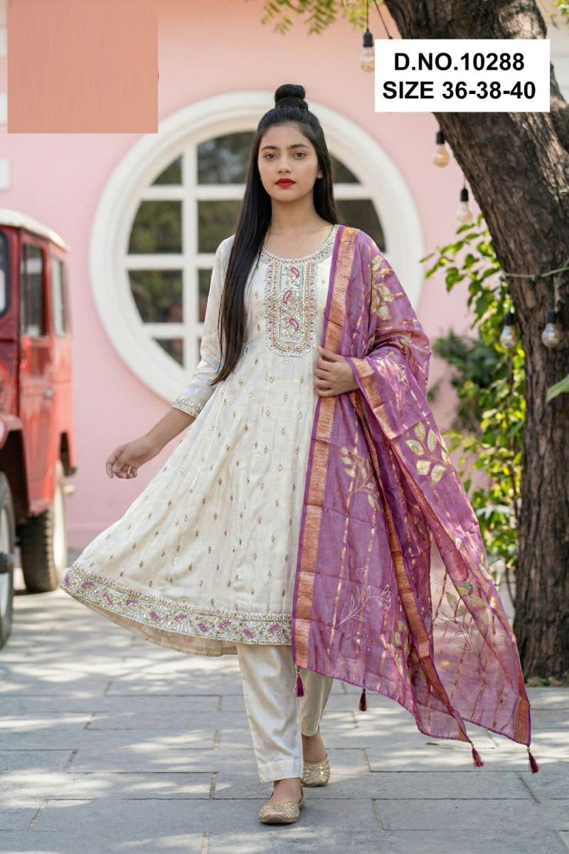 Tanvikaa 10288 Roman Glass Embroidered Kurti With Bottom Dupatta Set