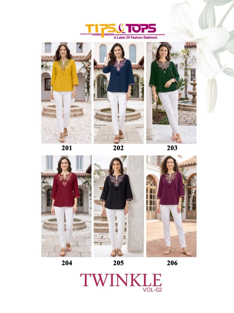 Tips And Tops Twinkle Vol 2 Rayon Embroidered Fancy Western Wear Top Catalog — Rayon Kurti, Vardan Ethnic wholesale from Surat — Photo 7