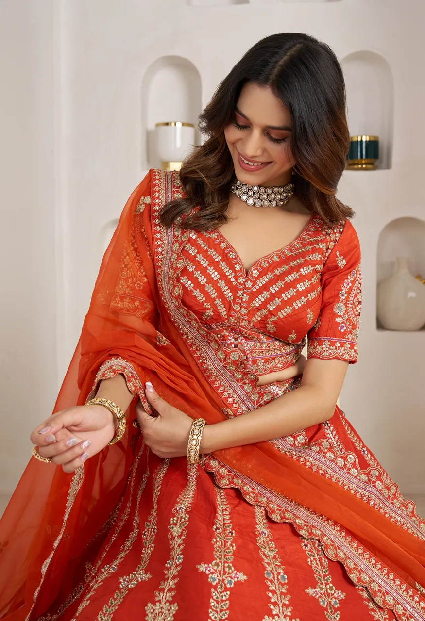 Classic Silk Bridal Lehenga with Floral Zari & Sequins Embroidery