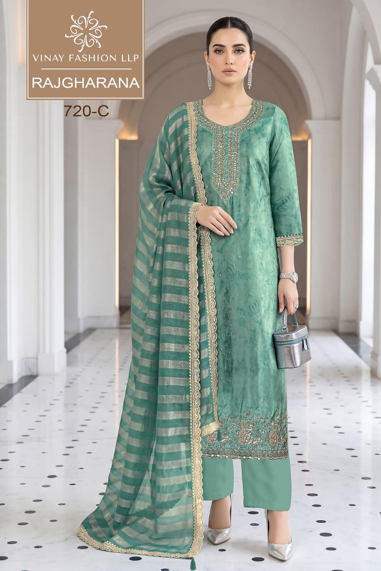 Vinay Kuleesh Rajgharana Shimmer Silk Digital Print Beads Work Salwar Kameez — Wholesale Dress Material, Vinay Fashion wholesale from Surat — view 3