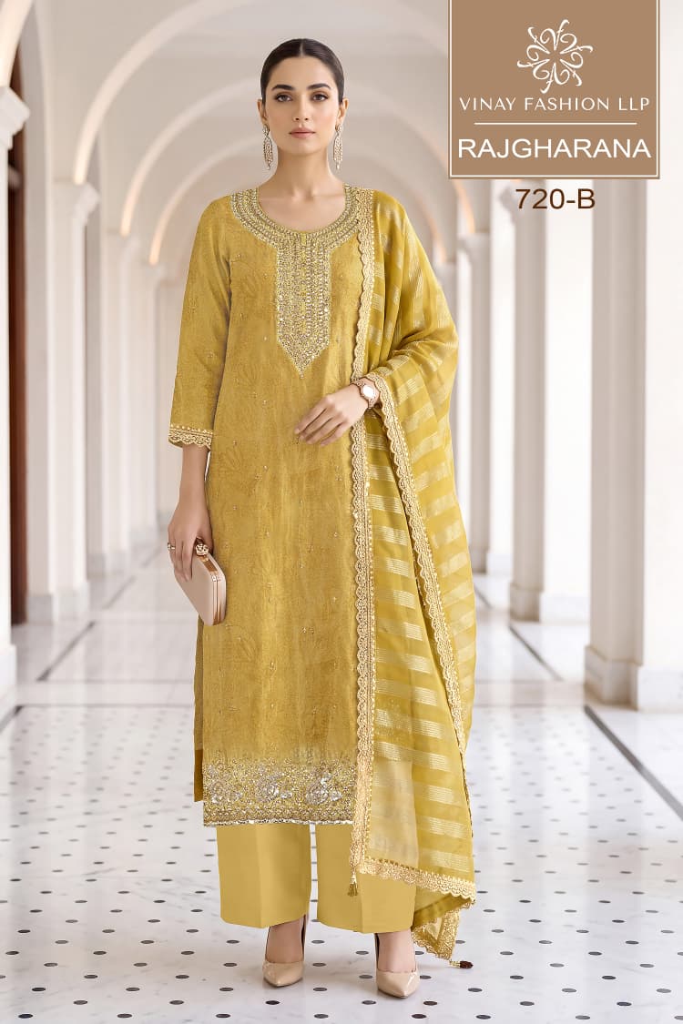 Vinay Kuleesh Rajgharana Shimmer Silk Digital Print Beads Work Salwar Kameez — Wholesale Dress Material, Vinay Fashion wholesale from Surat — view 4