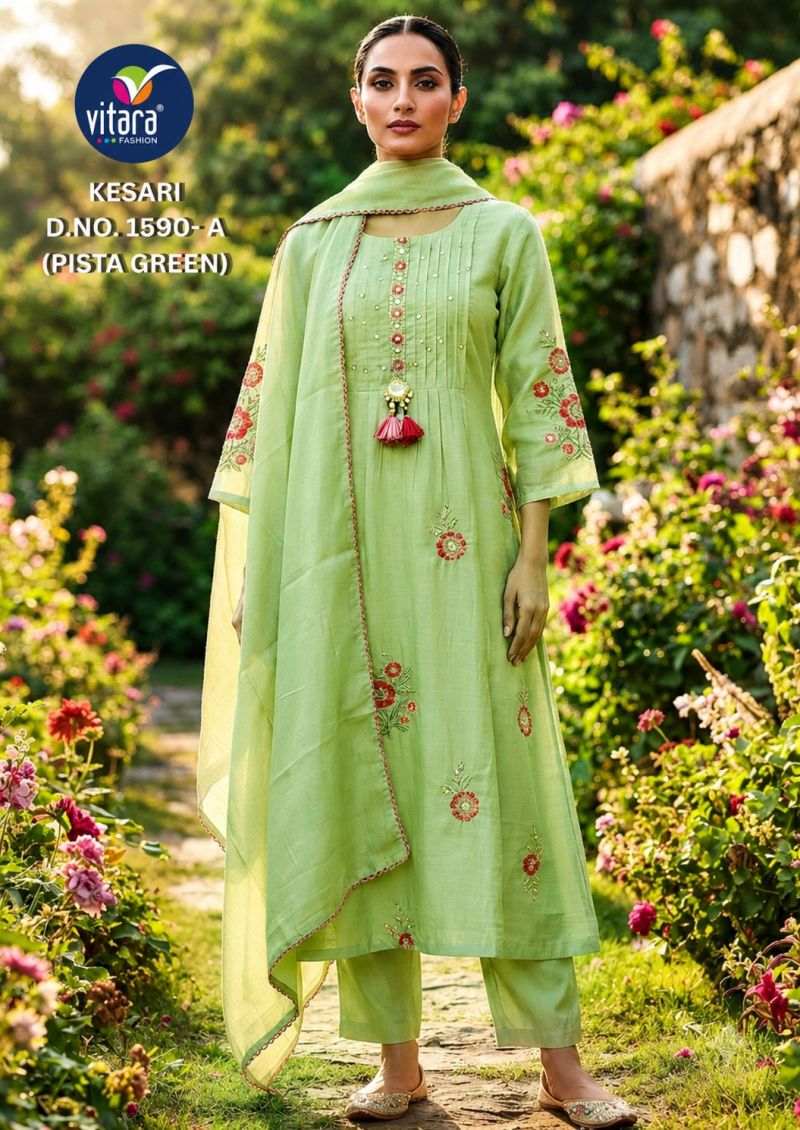 Vitara Kesari Mul Chanderi Embroidered Kurti With Bottom Dupatta Set — Wholesale Kurtis, Vitara Fashion wholesale from Surat — Photo 2