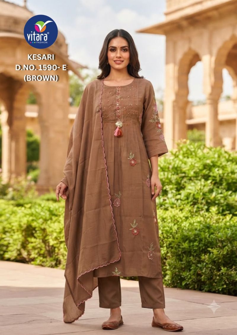 Vitara Kesari Mul Chanderi Embroidered Kurti With Bottom Dupatta Set — Wholesale Kurtis, Vitara Fashion wholesale from Surat — Photo 3