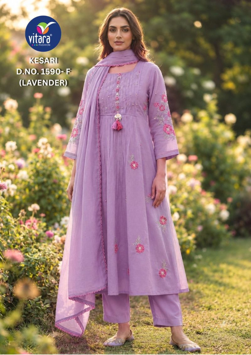 Vitara Kesari Mul Chanderi Embroidered Kurti With Bottom Dupatta Set — Wholesale Kurtis, Vitara Fashion wholesale from Surat — Photo 4