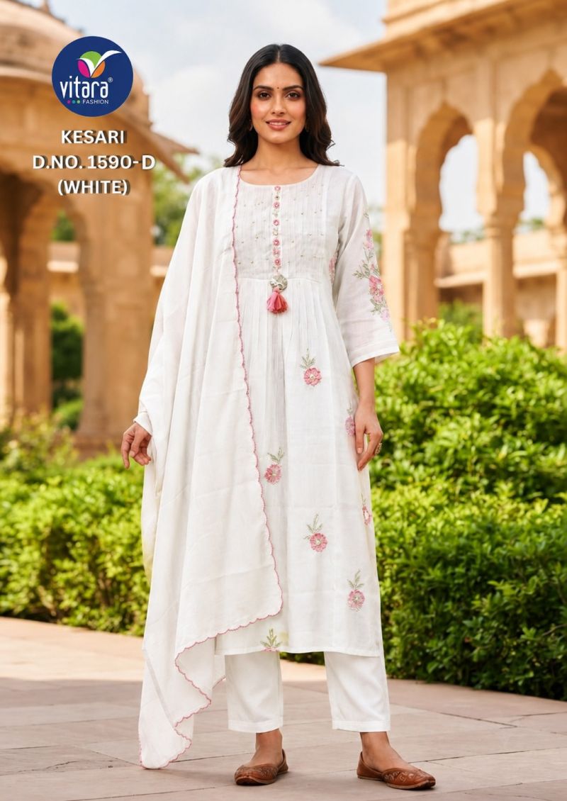 Vitara Kesari Mul Chanderi Embroidered Kurti With Bottom Dupatta Set — Wholesale Kurtis, Vitara Fashion wholesale from Surat — Photo 5
