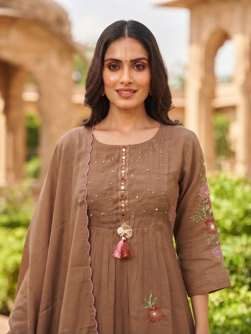 Vitara Kesari Mul Chanderi Embroidered Kurti With Bottom Dupatta Set