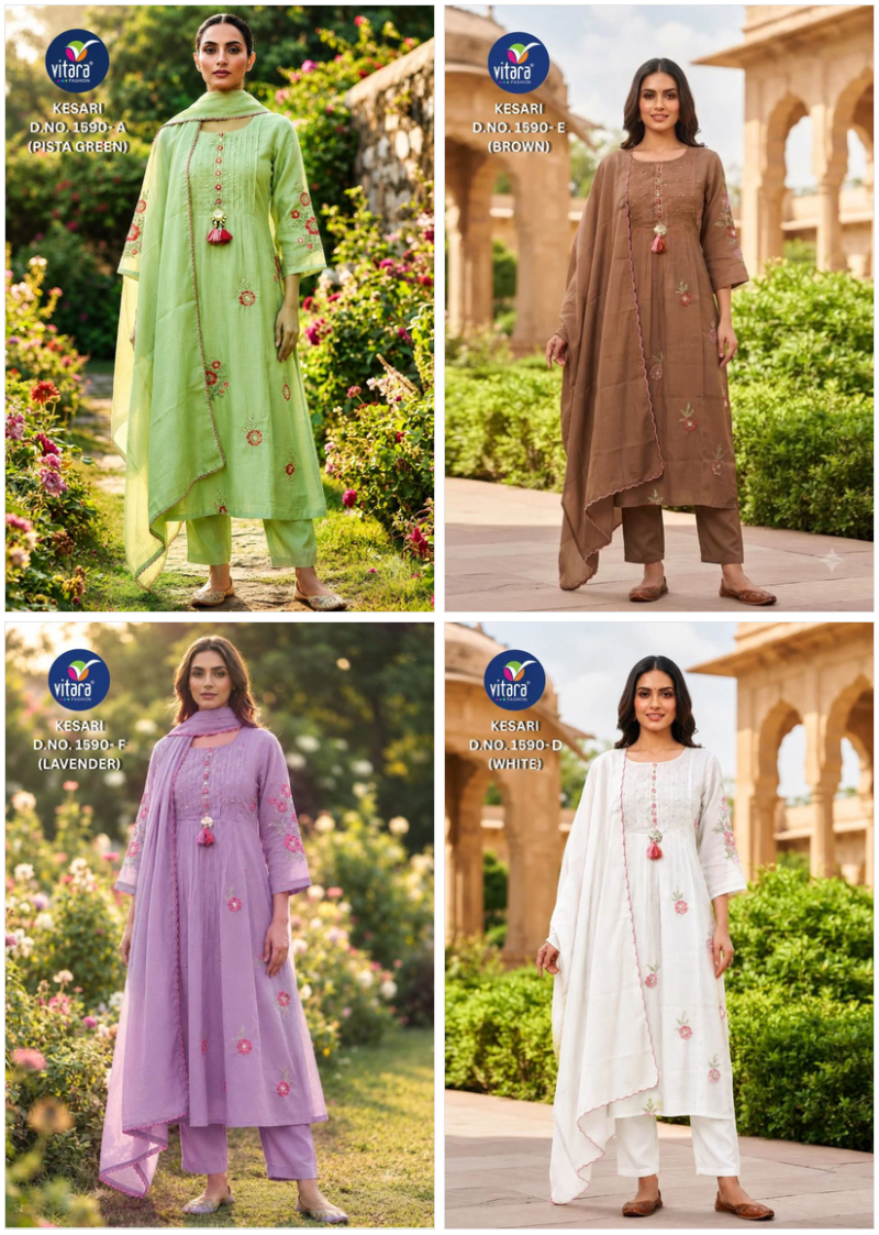 Vitara Kesari Mul Chanderi Embroidered Kurti With Bottom Dupatta Set — Wholesale Kurtis, Vitara Fashion wholesale from Surat — Photo 7