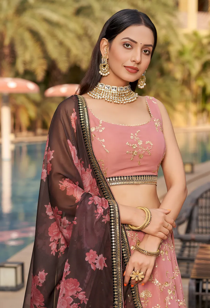 Zeel 8005 Pink Designer Georgette Lehenga with Zari &amp; Sequin Work