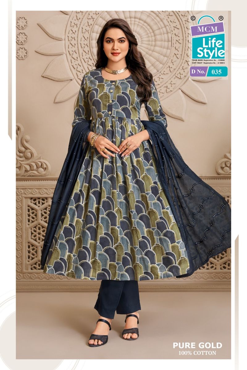 Mcm Pure Gold Vol 2 Readymade Umbrella Kurti Pant With Dupatta Set