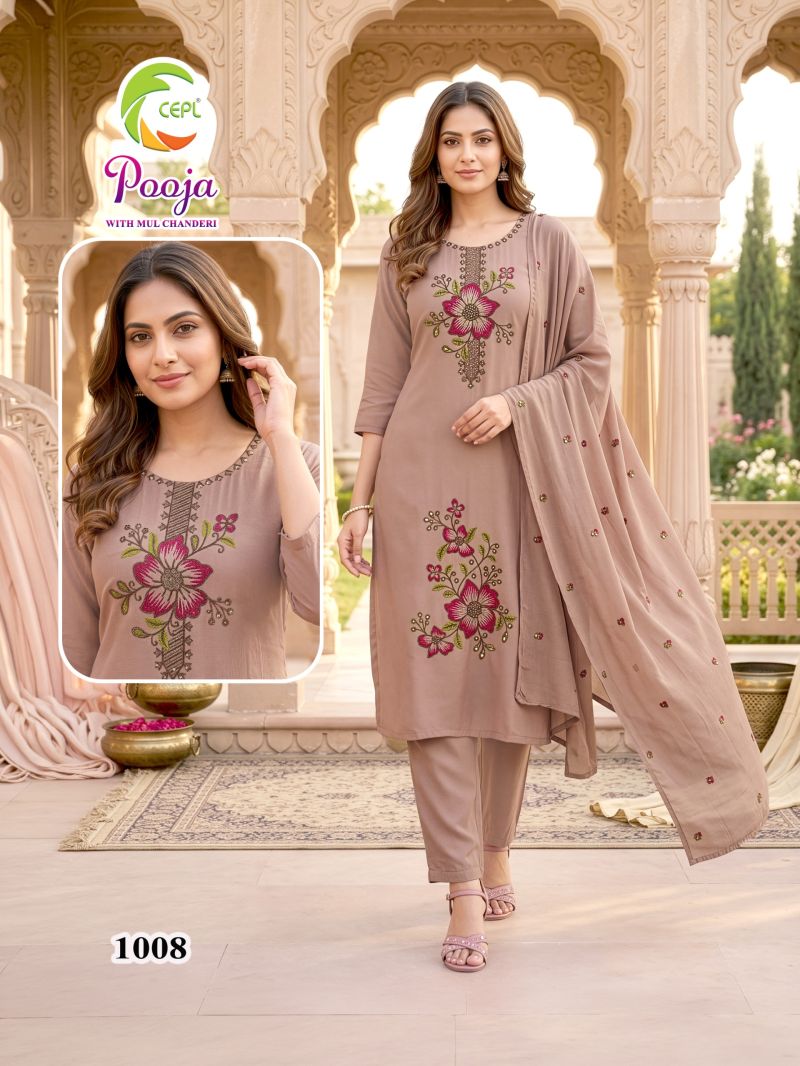 Pooja D No 1001 To 08 Mul Chanderi Embroidered Kurti Set Wholesale — Wholesale Kurtis, Vardan Ethnic wholesale from Surat — Photo 6