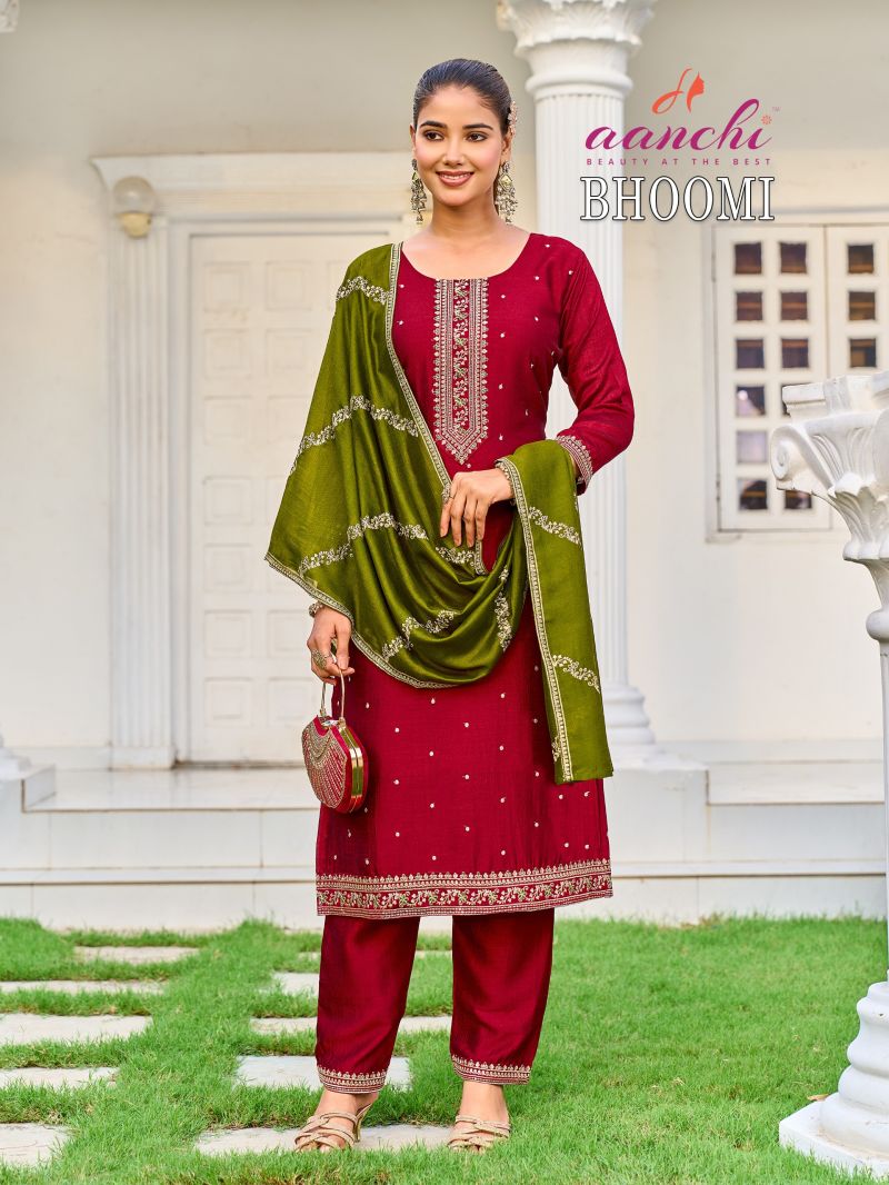 Aanchi Bhoomi Vol 1 Vichitra Silk Embroidered Kurti With Bottom Dupatta Catalog — Wholesale Kurtis, Aanchi Kurtis Catalog wholesale from Surat — Photo 3