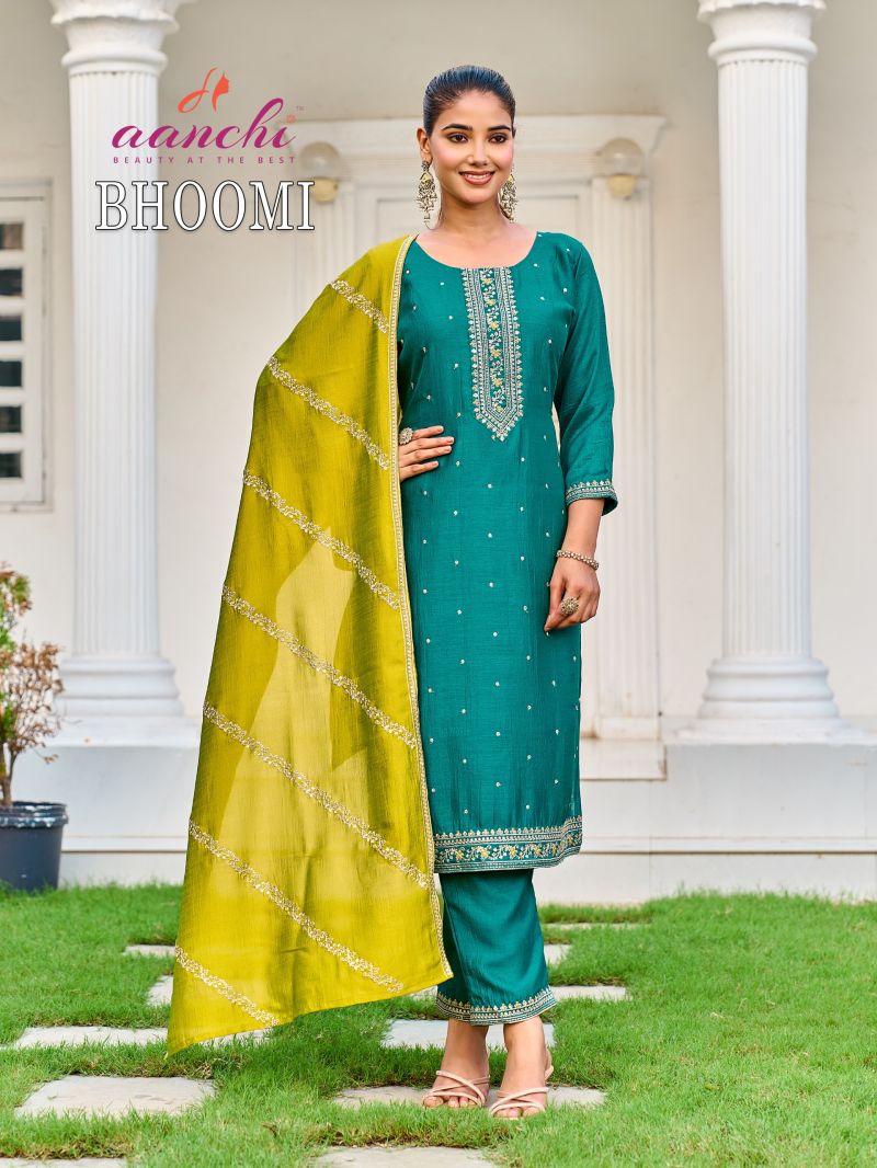 Aanchi Bhoomi Vol 1 Vichitra Silk Embroidered Kurti With Bottom Dupatta Catalog — Wholesale Kurtis, Aanchi Kurtis Catalog wholesale from Surat — Photo 2