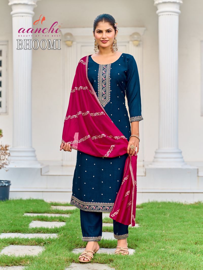 Aanchi Bhoomi Vol 1 Vichitra Silk Embroidered Kurti With Bottom Dupatta Catalog