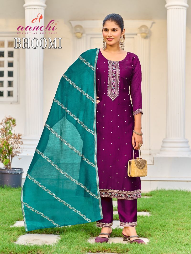 Aanchi Bhoomi Vol 1 Vichitra Silk Embroidered Kurti With Bottom Dupatta Catalog — Wholesale Kurtis, Aanchi Kurtis Catalog wholesale from Surat — Photo 5