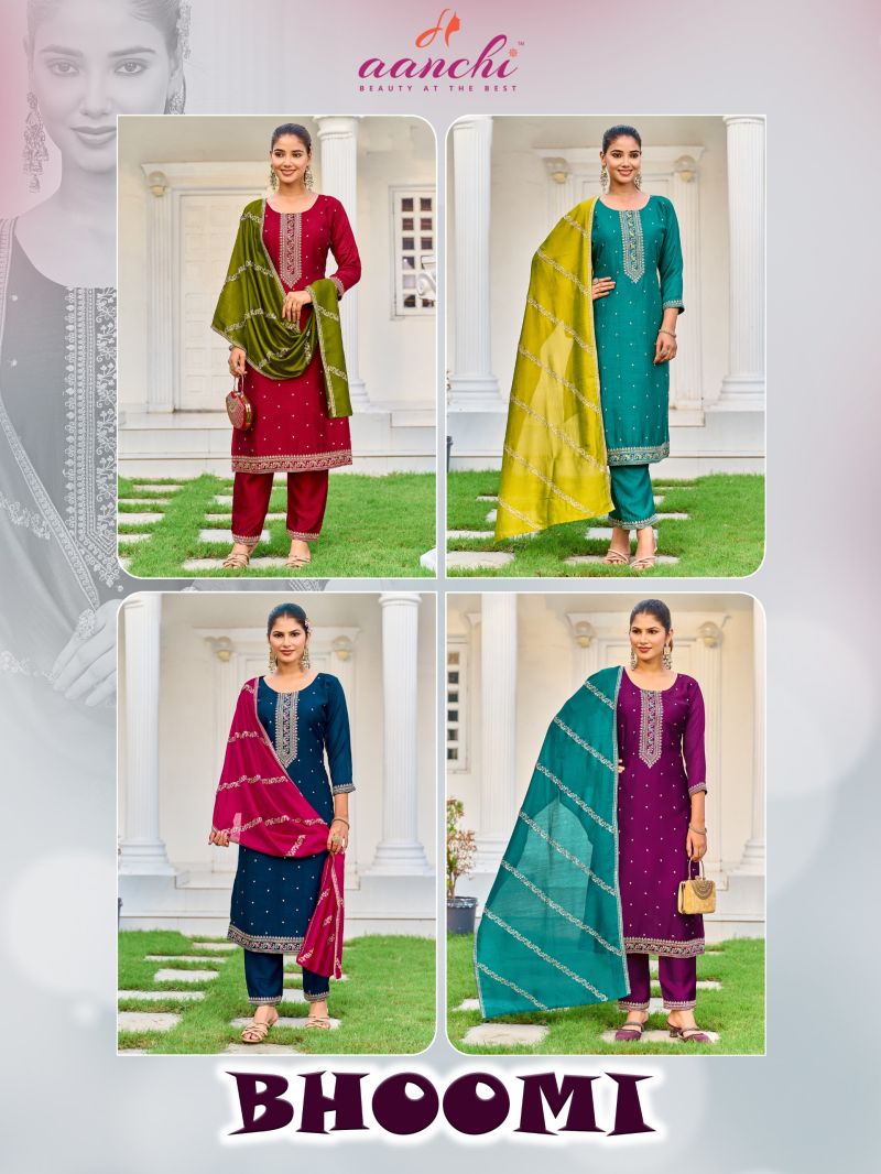 Aanchi Bhoomi Vol 1 Vichitra Silk Embroidered Kurti With Bottom Dupatta Catalog — Wholesale Kurtis, Aanchi Kurtis Catalog wholesale from Surat — Photo 4