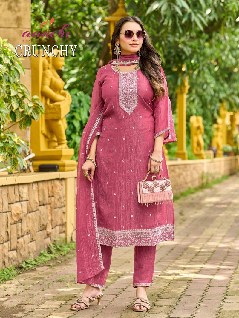 Aanchi Crunchy Vol 1 Crunchy Embroidered Kurti With Bottom Dupatta Collection — Wholesale Kurtis, Aanchi Kurtis Catalog wholesale from Surat — Photo 2