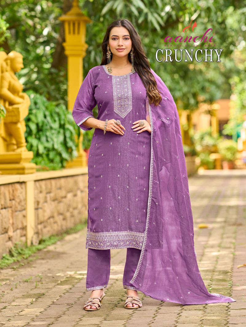 Aanchi Crunchy Vol 1 Crunchy Embroidered Kurti With Bottom Dupatta Collection