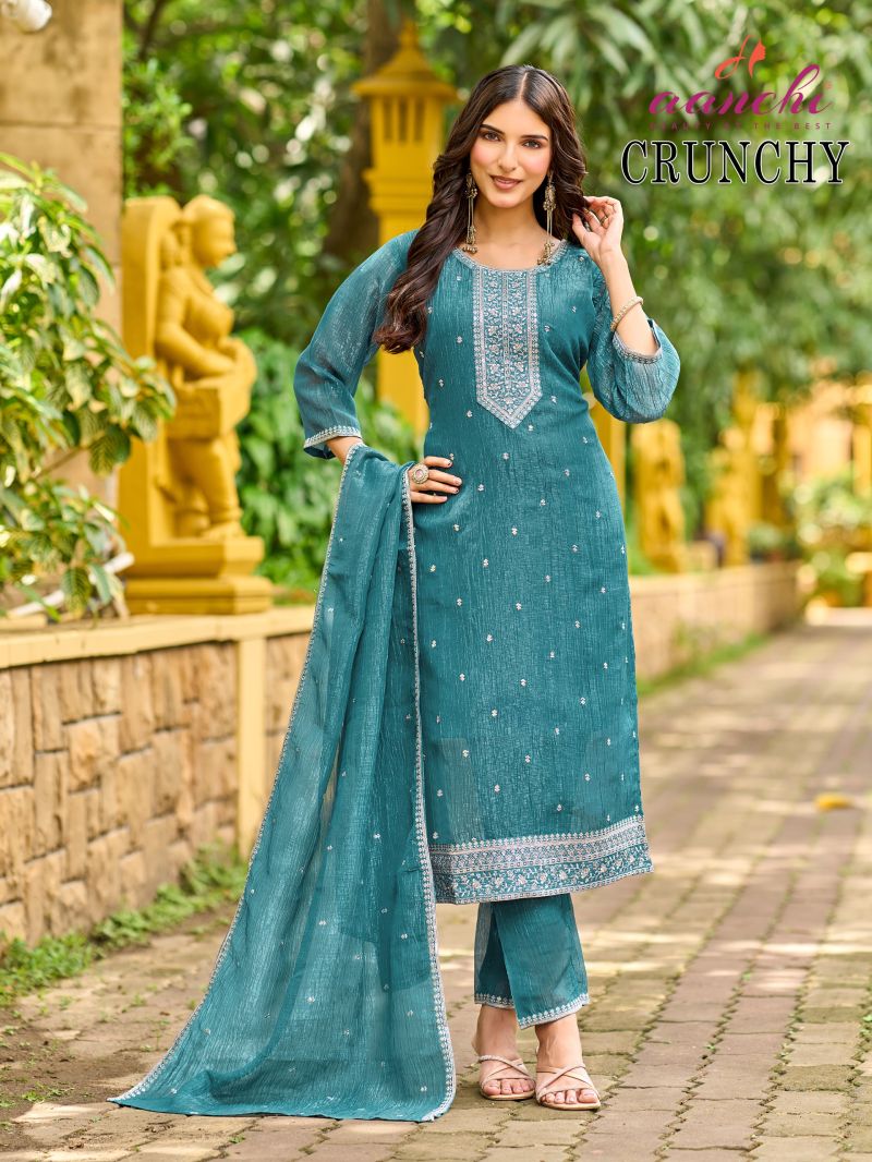Aanchi Crunchy Vol 1 Crunchy Embroidered Kurti With Bottom Dupatta Collection — Wholesale Kurtis, Aanchi Kurtis Catalog wholesale from Surat — Photo 3